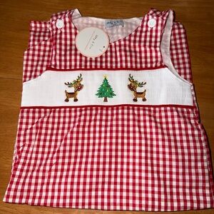 Abby & Evie Red Gingham Holiday Jon-Jon with Reindeer Embroidery